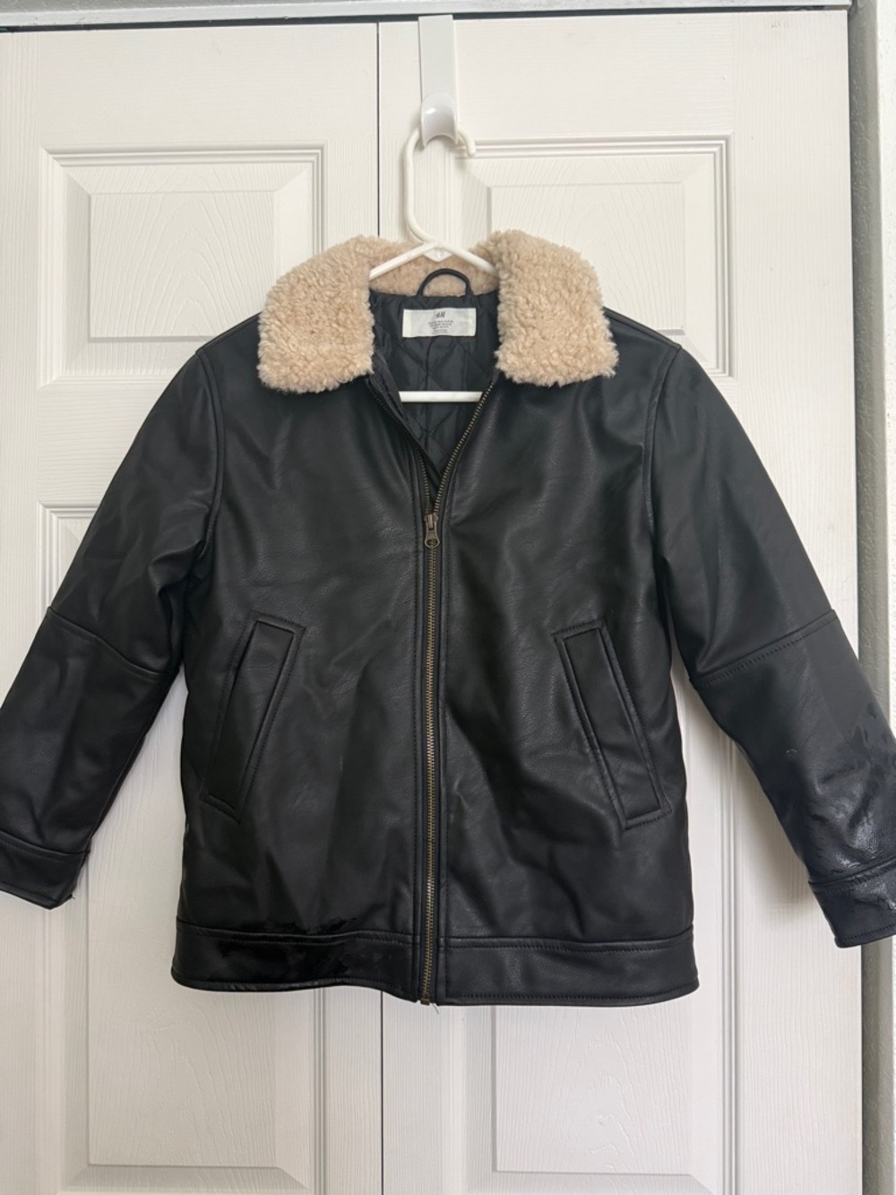Black H&M Faux Leather Jacket with Cream Sherpa Collar